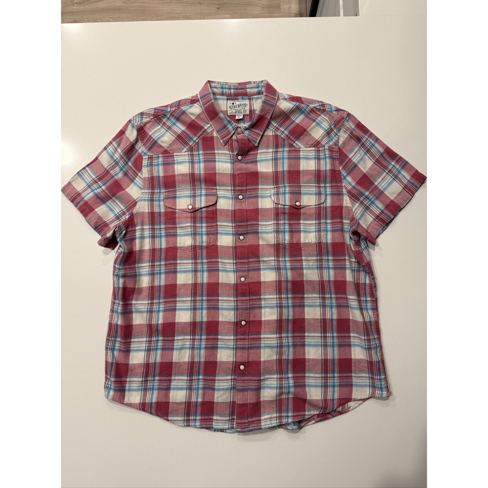 Lucky Brand Men's Red Blue White Plaid Pearl Snap Cotton Short Sleeve XXL